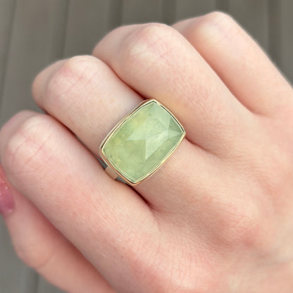 Sterling & 14K Gold Rectangular Prehnite Ring