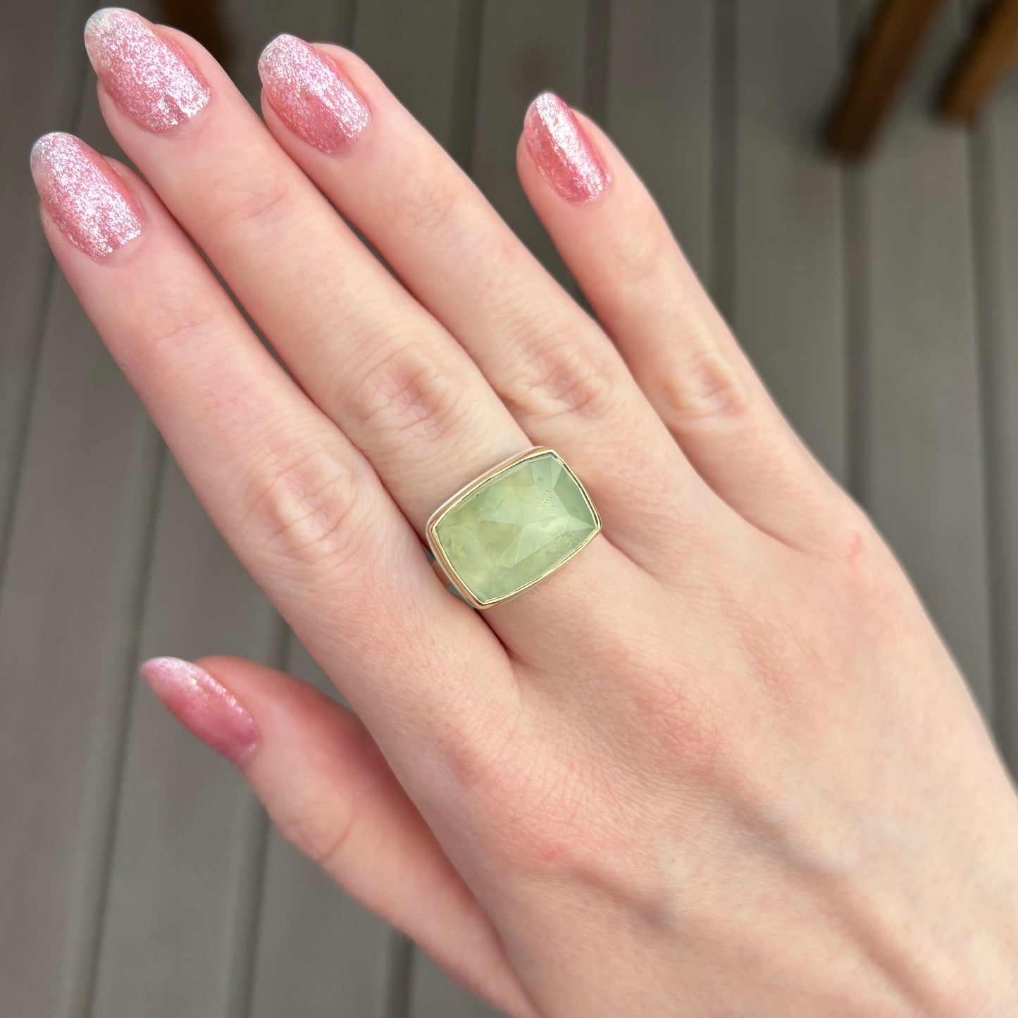 Sterling & 14K Gold Rectangular Prehnite Ring