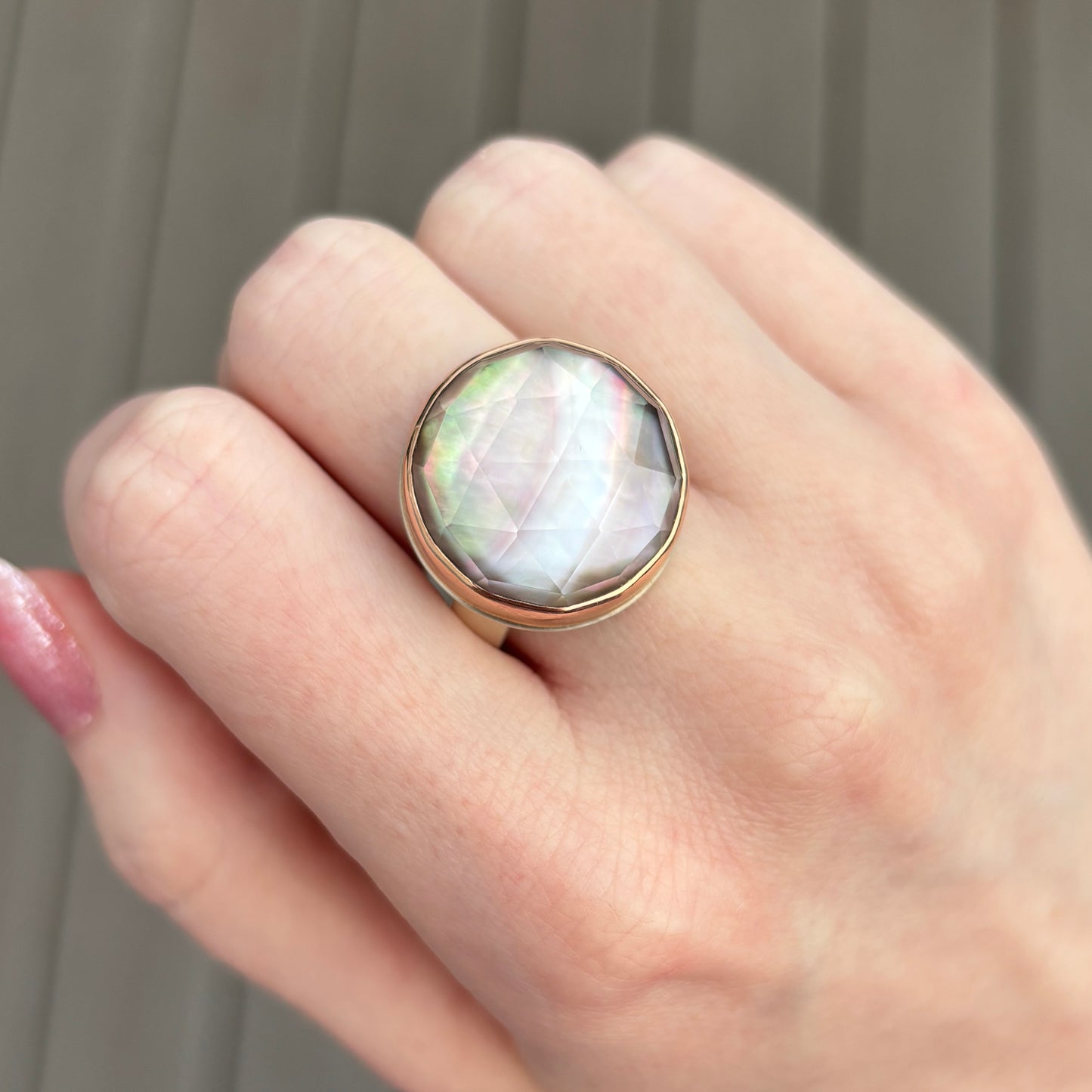 Sterling & 14K Rose Gold Rock Crystal and Mother of Pearl Ring