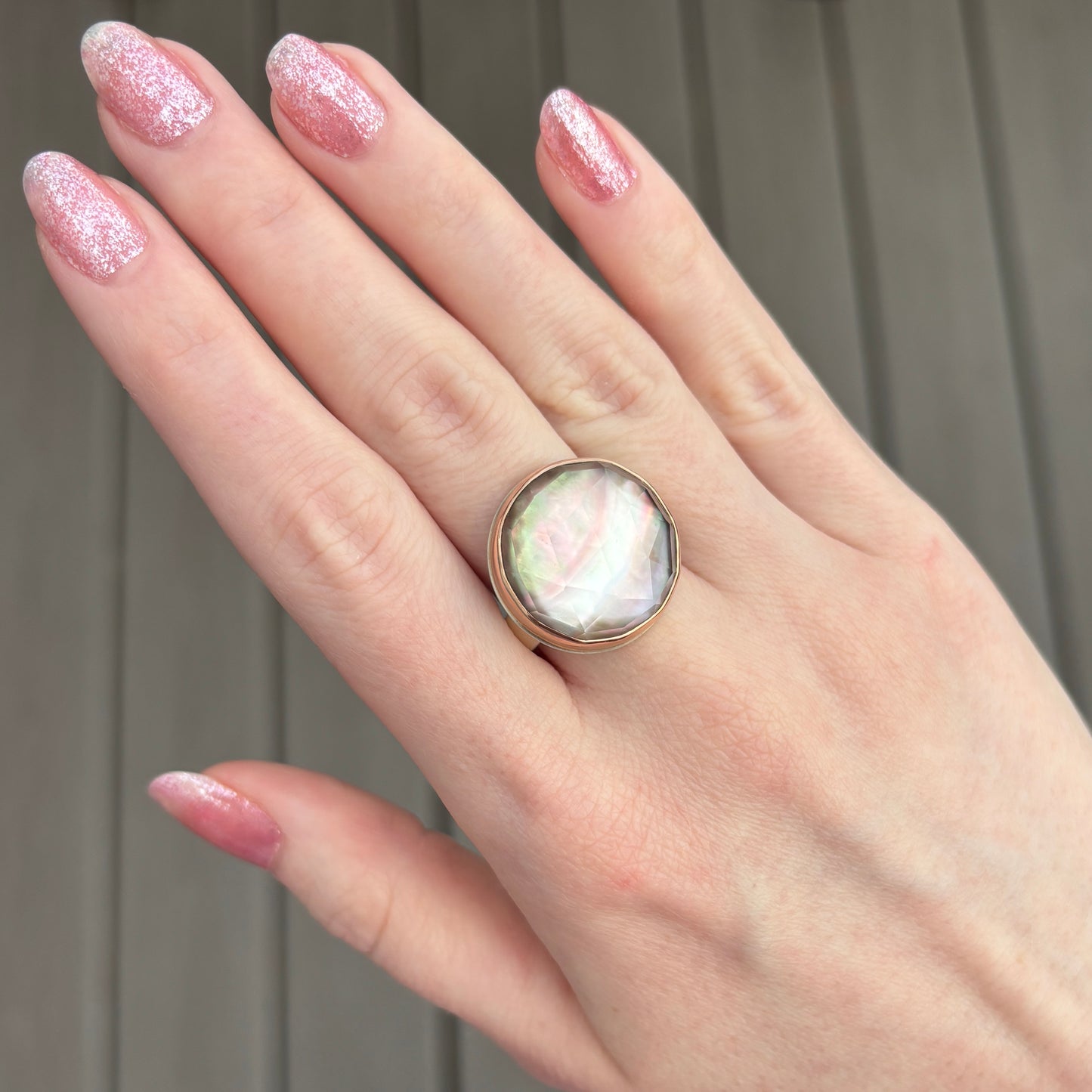 Sterling & 14K Rose Gold Rock Crystal and Mother of Pearl Ring