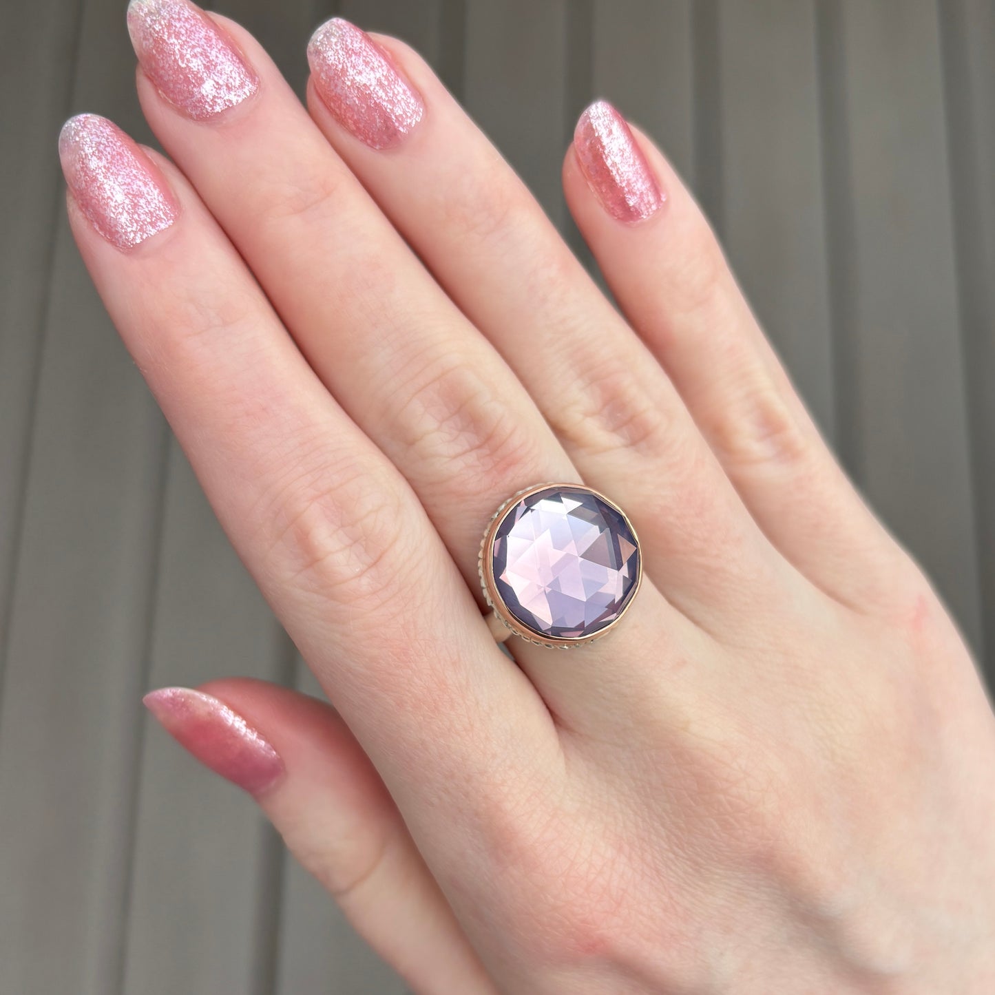 Sterling Lava Edge & 14K Rose Gold Round Lavender Amethyst Ring