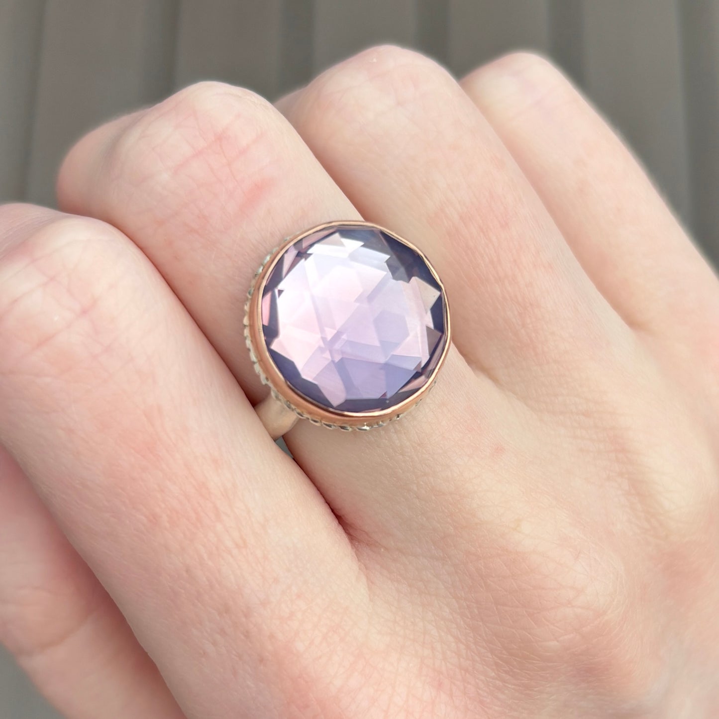 Sterling Lava Edge & 14K Rose Gold Round Lavender Amethyst Ring