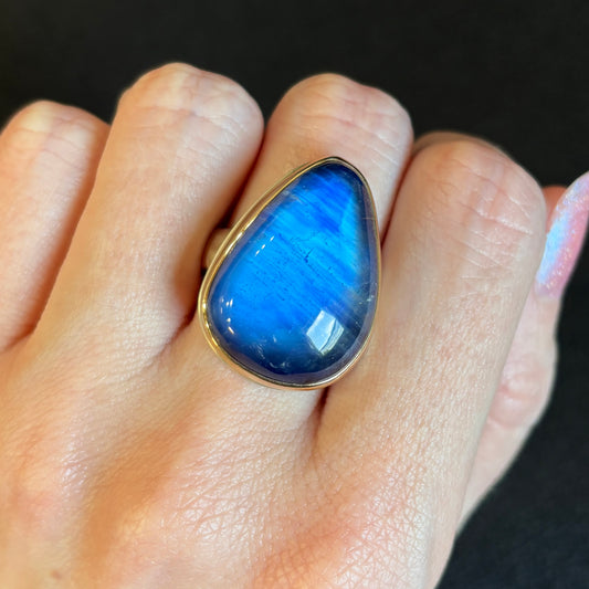 Sterling & 14K Gold Teardrop Blue Rainbow Moonstone Ring