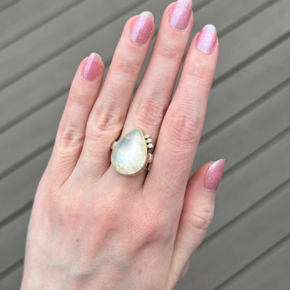 Sterling & 14K Gold White Rainbow Moonstone Ring