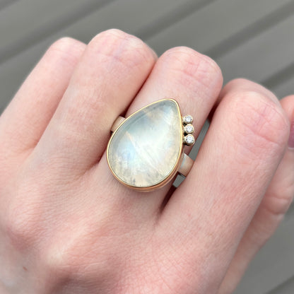 Sterling & 14K Gold White Rainbow Moonstone Ring