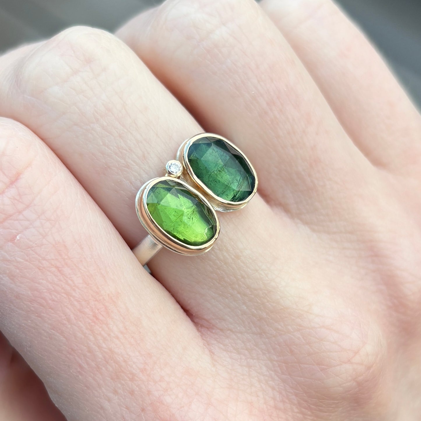 Sterling & 14K Gold Double Green Tourmaline Ring
