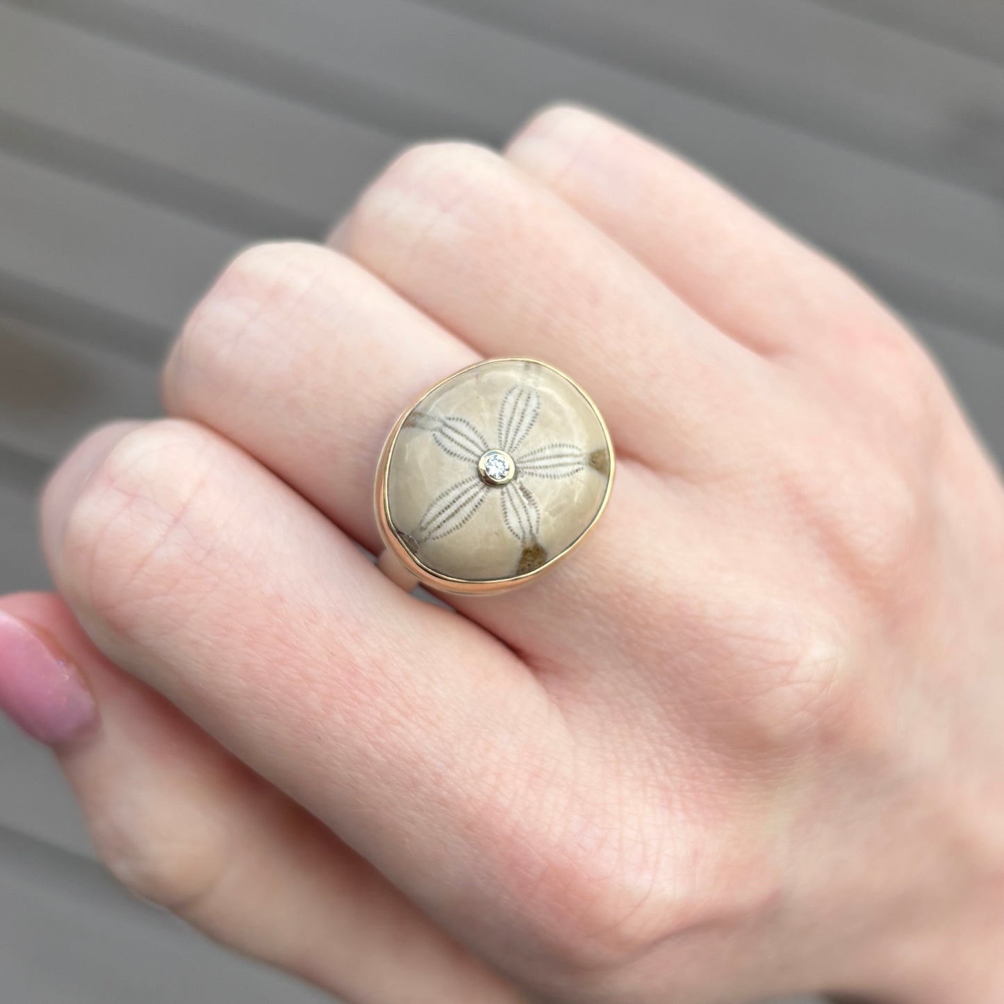 Sterling & 14K Gold Fossilized Sand Dollar & Diamond Ring