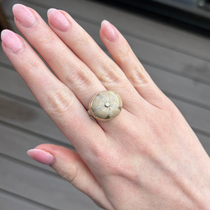 Sterling & 14K Gold Fossilized Sand Dollar & Diamond Ring