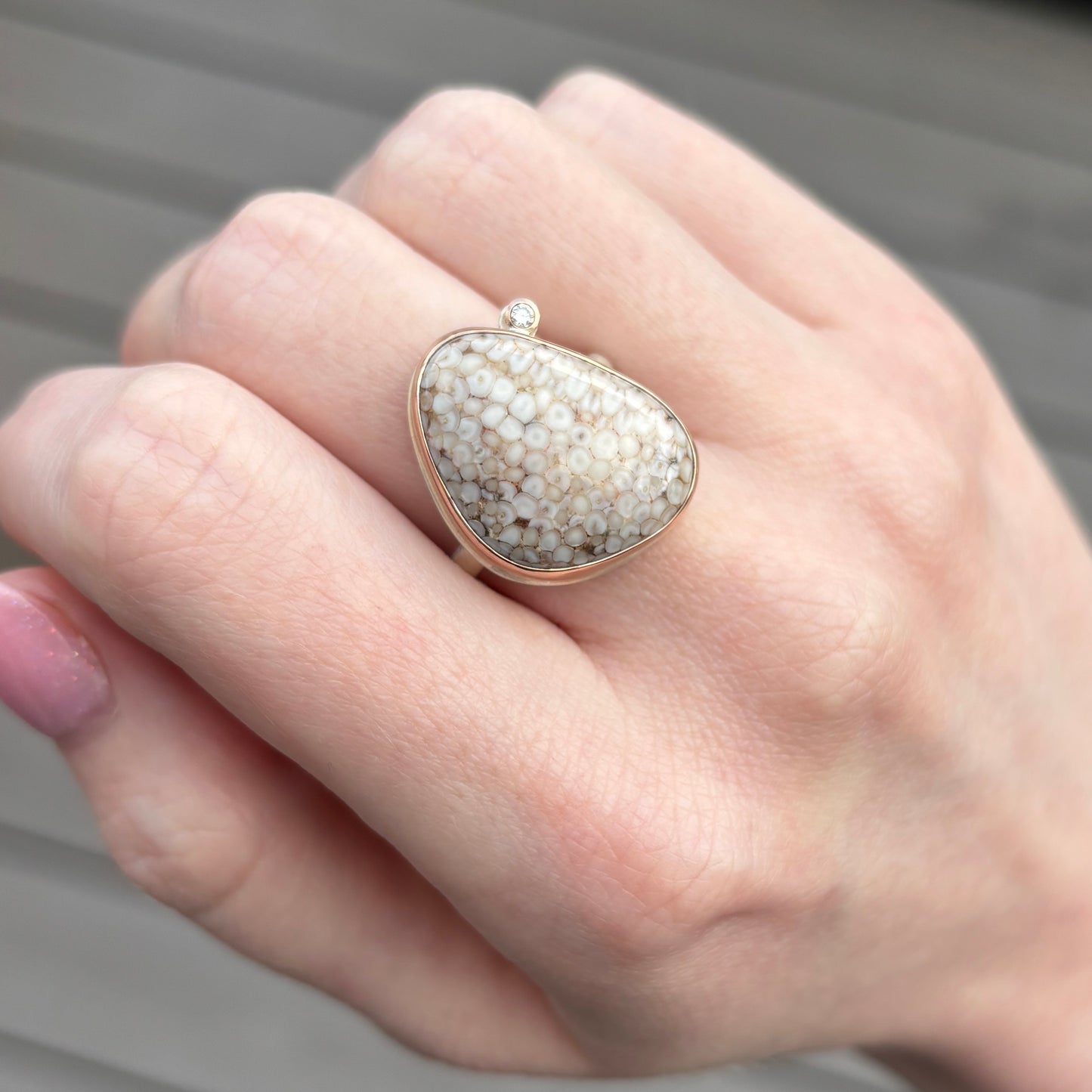 Sterling & 14K Rose Gold Snakeskin Agate & Diamond Ring