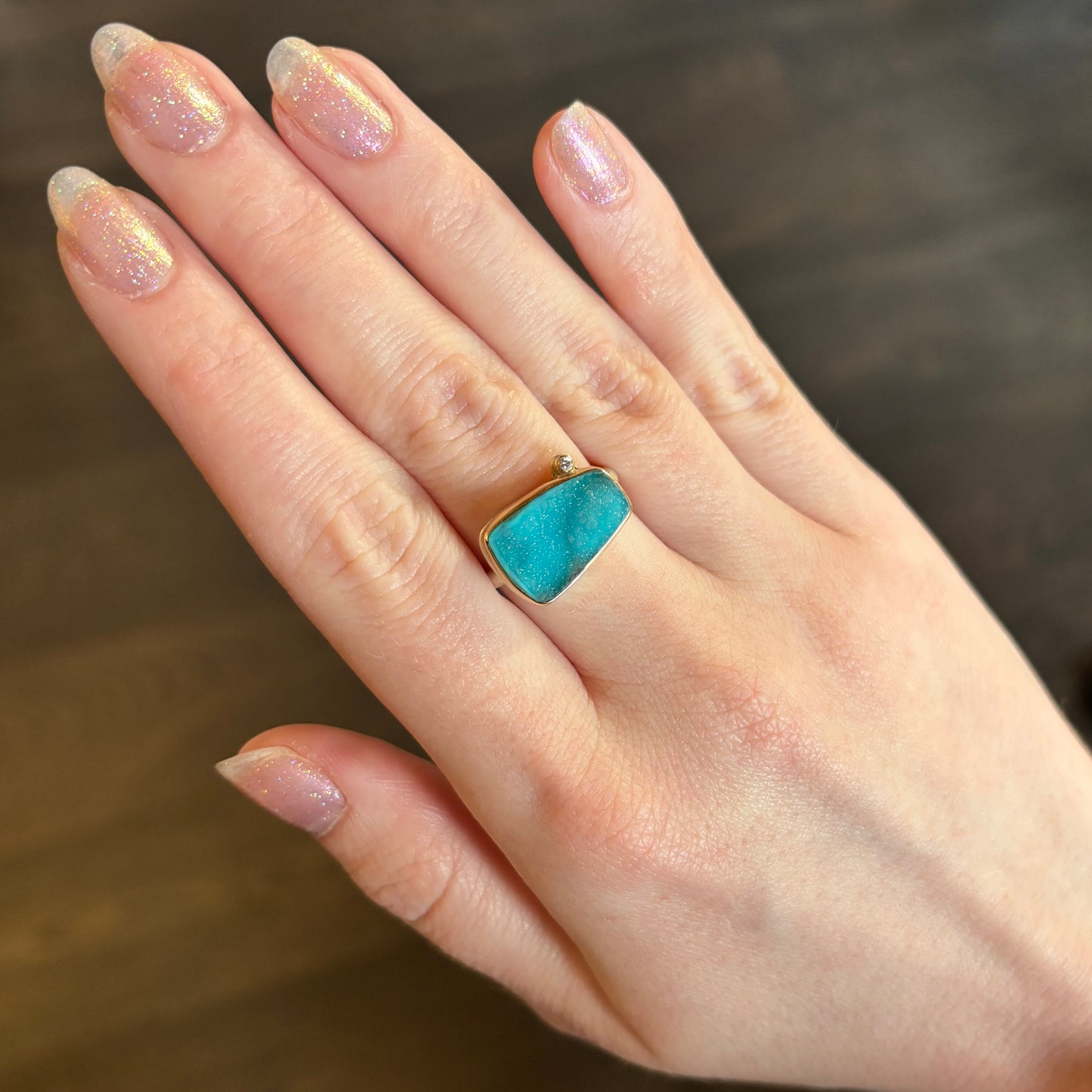 Sterling & 14K Gold Chrysocolla Drusy & Diamond Ring