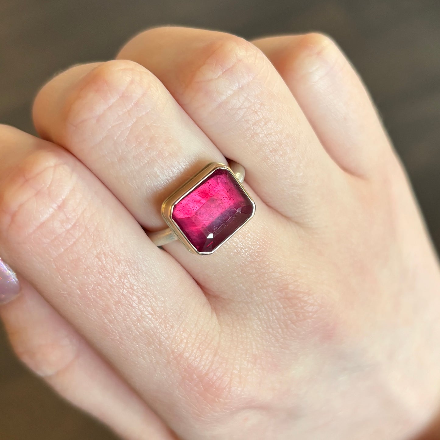 Sterling & 14K Gold Rectangular African Ruby Ring