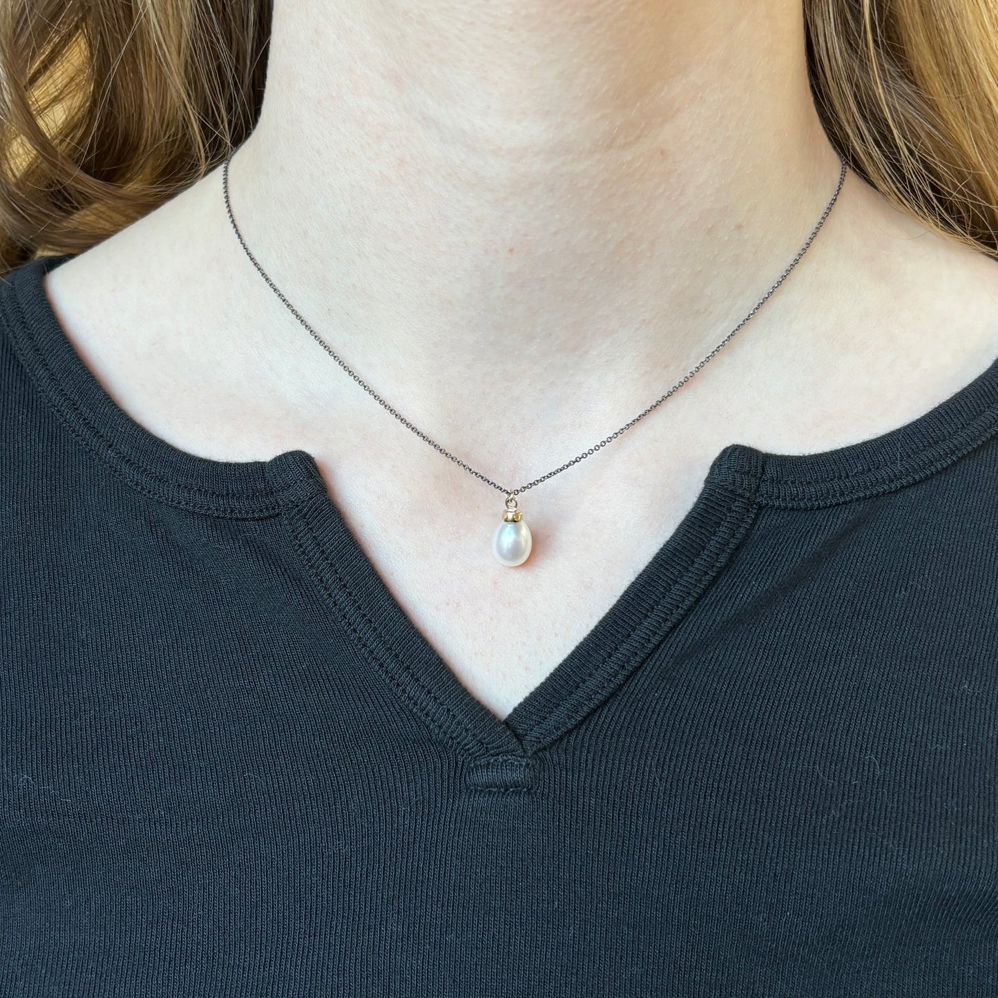 Oxidized Sterling & 14K Gold Pearl Drop Necklace