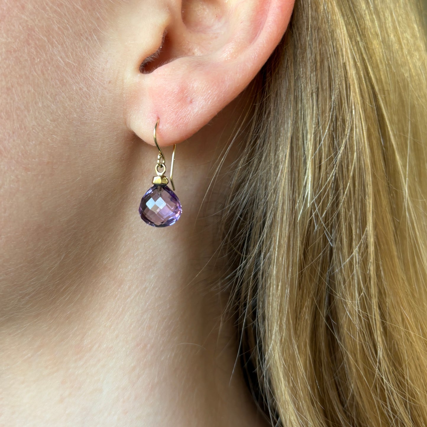 14K Gold Small Amethyst Drop Earrings