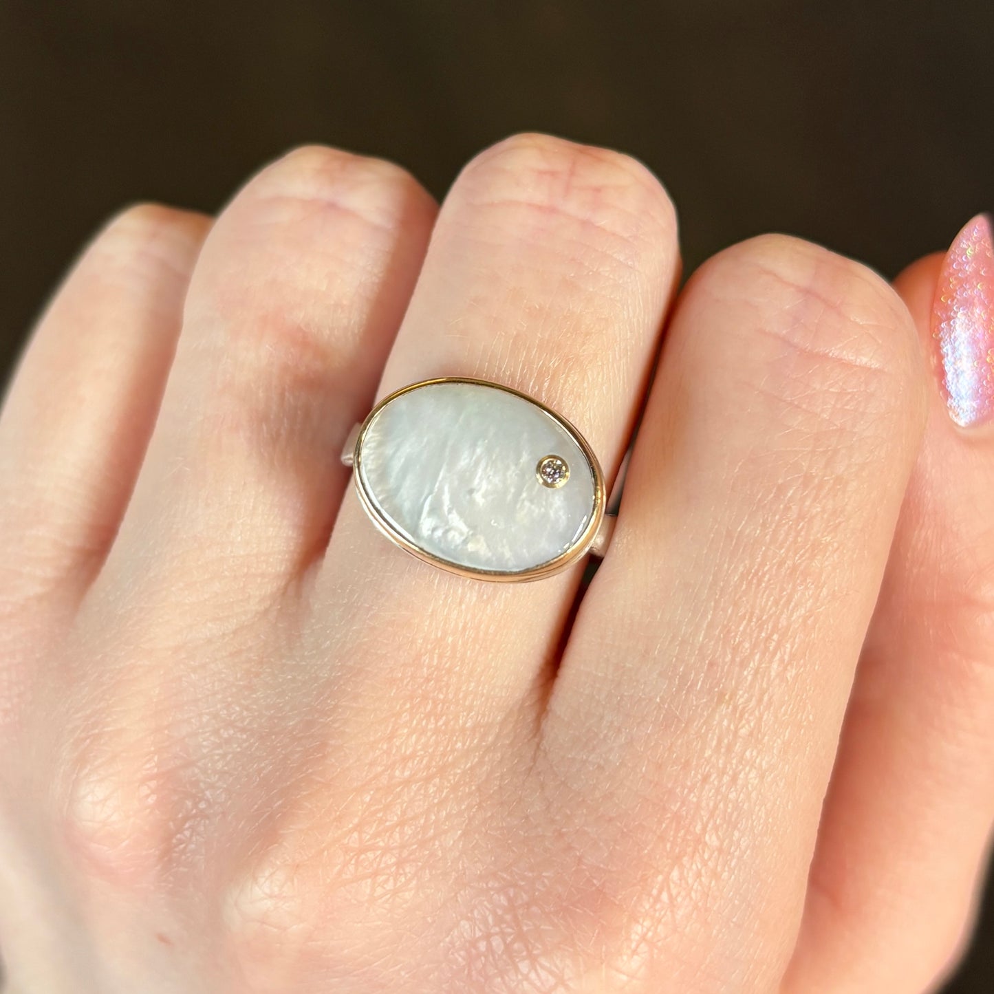 Sterling & 14K Gold Small Mother of Pearl & Diamond Ring