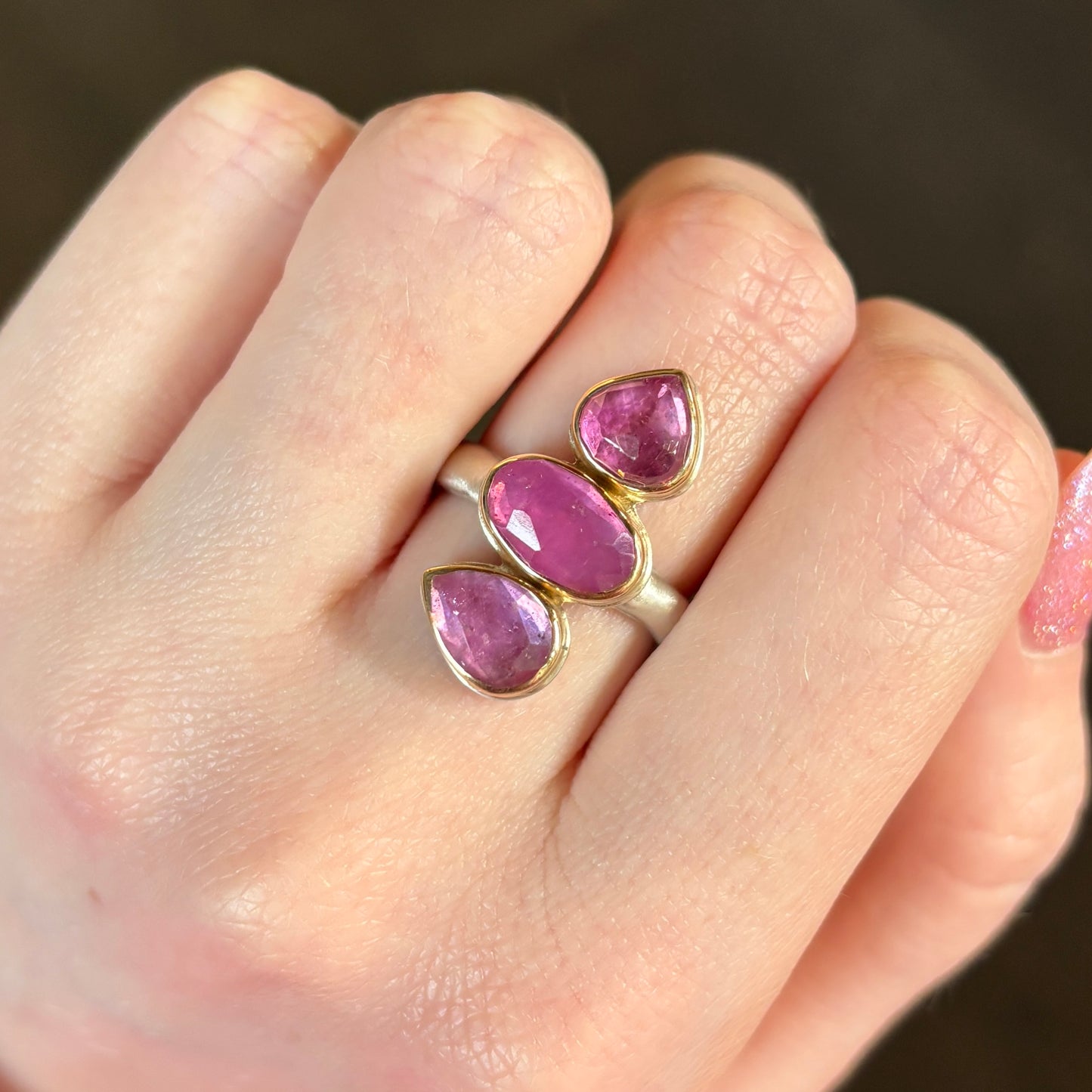 Sterling & 14K Gold Triple African Ruby Ring