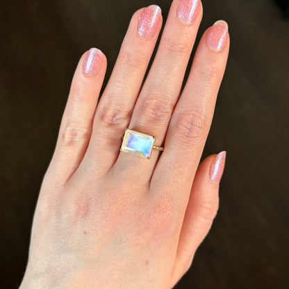 14K Gold Prong Rainbow Moonstone Ring