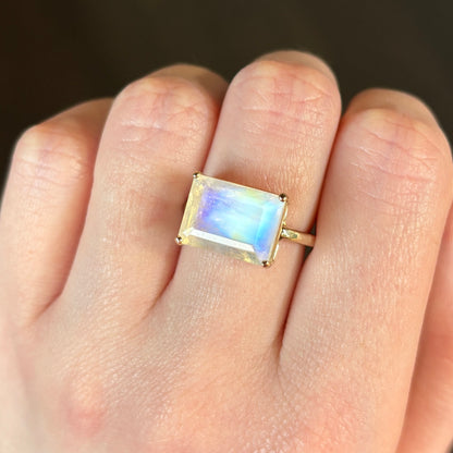 14K Gold Prong Rainbow Moonstone Ring