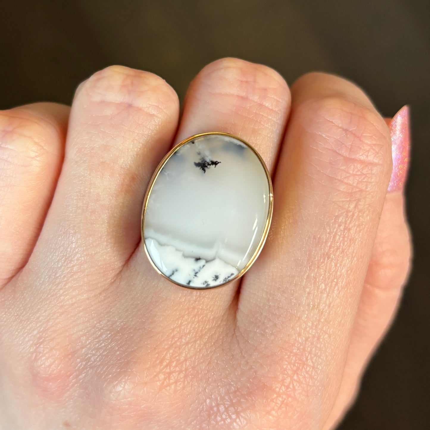 Sterling & 14K Gold Oval Dendritic Opal Ring