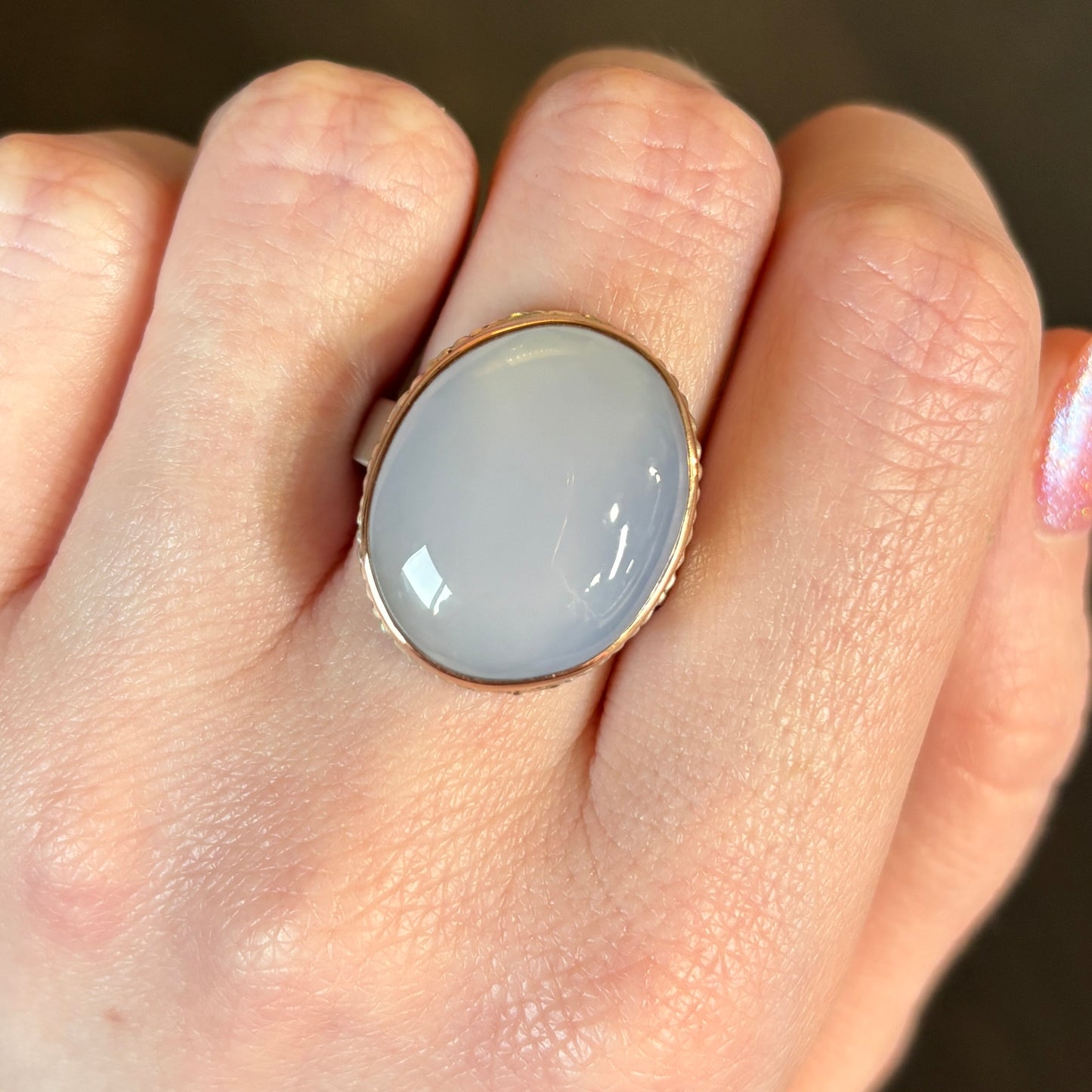 Sterling Lava Edge & 14K Rose Gold Blue Chalcedony Ring