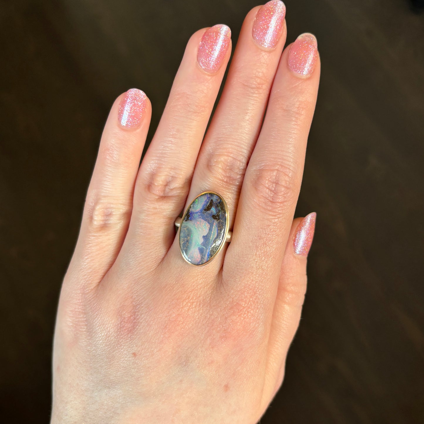 Sterling & 14K Gold Oval Boulder Opal Ring