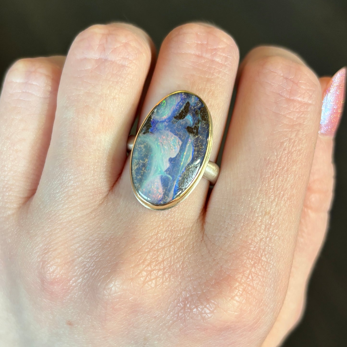 Sterling & 14K Gold Oval Boulder Opal Ring