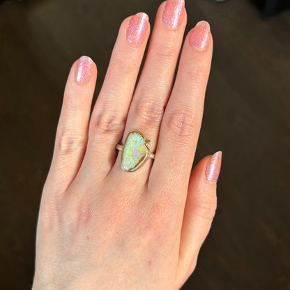 Sterling & 14K Gold Opalized Wood & Diamond Ring