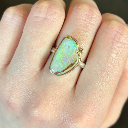 Sterling & 14K Gold Opalized Wood & Diamond Ring