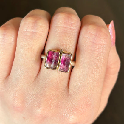 Sterling & 14K Gold Double Pink Tourmaline & Diamond Ring