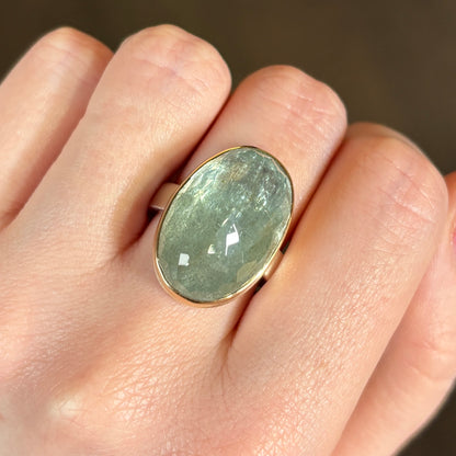 Sterling & 14K Gold Large Green Beryl Ring