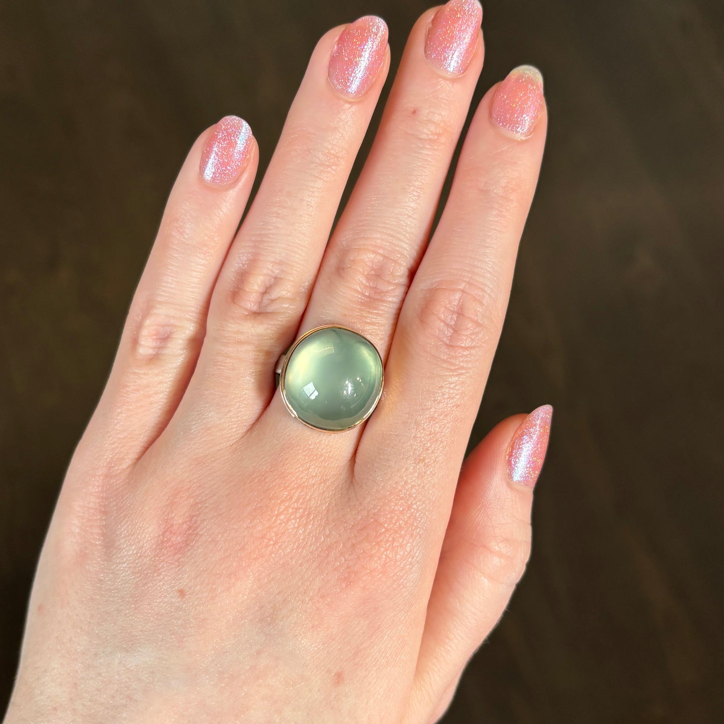 Sterling & 14K Gold Oval Prehnite Ring