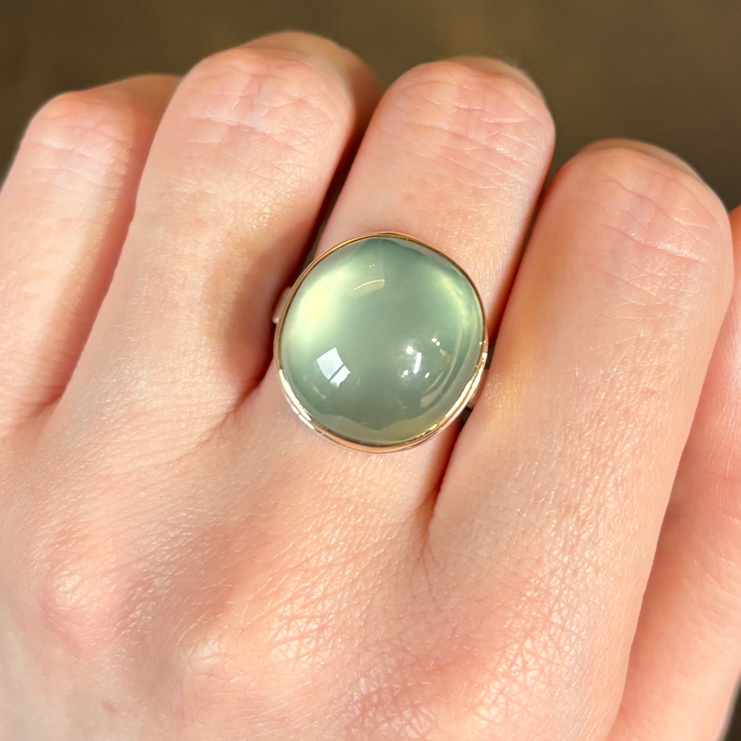 Sterling & 14K Gold Oval Prehnite Ring