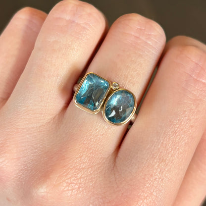 Sterling & 14K Gold Double Swiss Blue Topaz & Diamond Ring