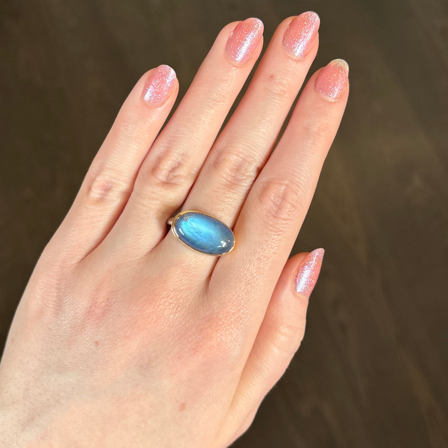 Sterling & 14K Gold Blue Rainbow Moonstone Ring