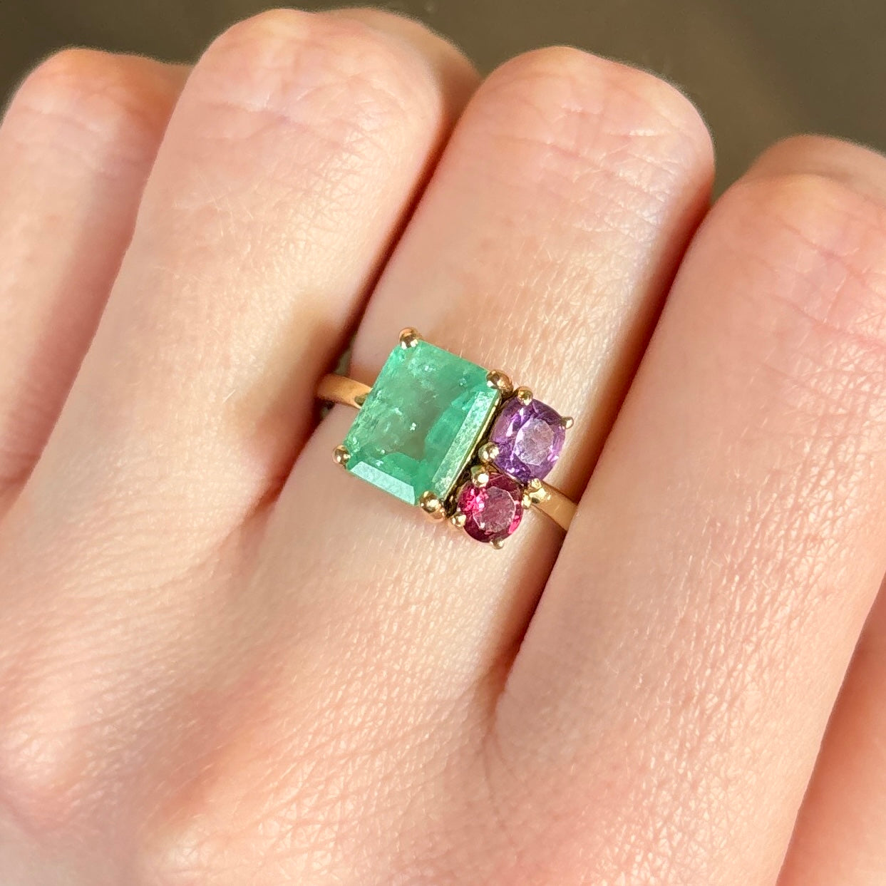 14K Gold Prong Emerald, Sapphire & Tourmaline Ring