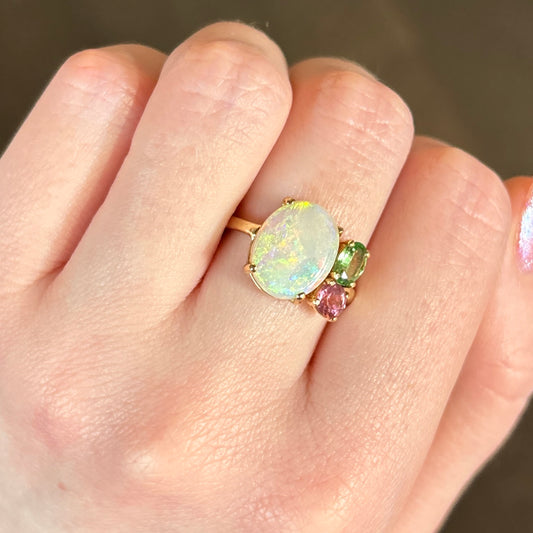 14K Gold Prong Opal, Tsavorite Garnet & Tourmaline Ring