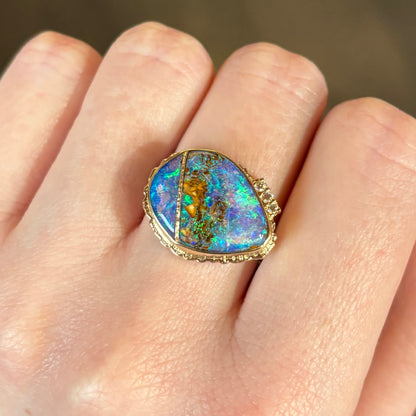 14K Golden Fusion Boulder Opal & Diamond Ring