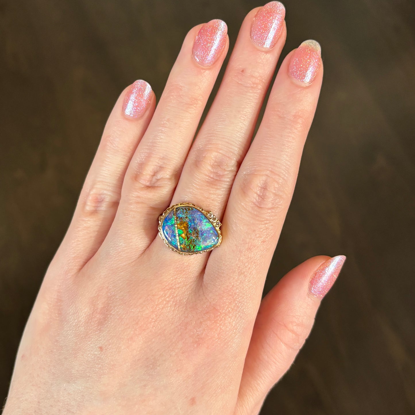 14K Golden Fusion Boulder Opal & Diamond Ring