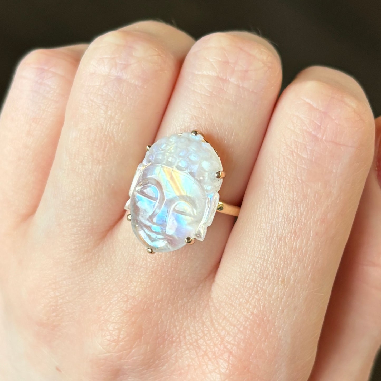 14K Gold Prong White Rainbow Moonstone Buddha Ring