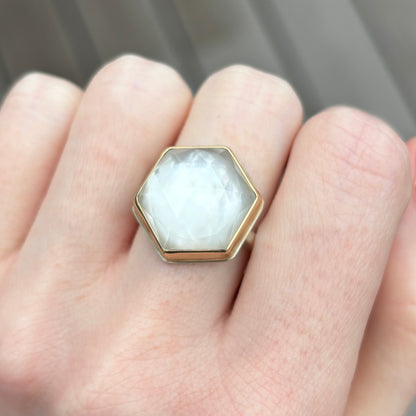 Sterling & 14K Gold Rock Crystal and Mother of Pearl Ring