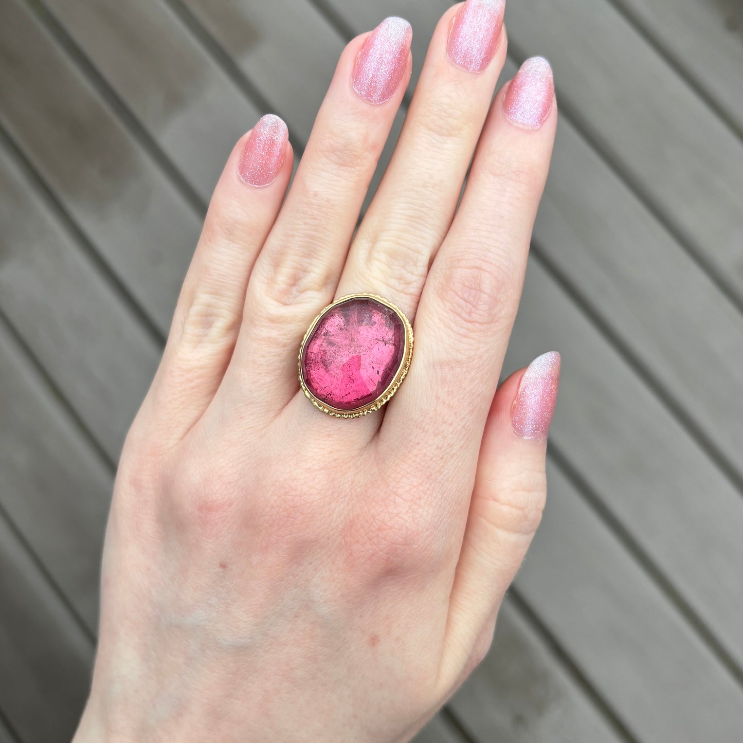 14K Gold Ruffled Edge Rubellite Tourmaline Ring