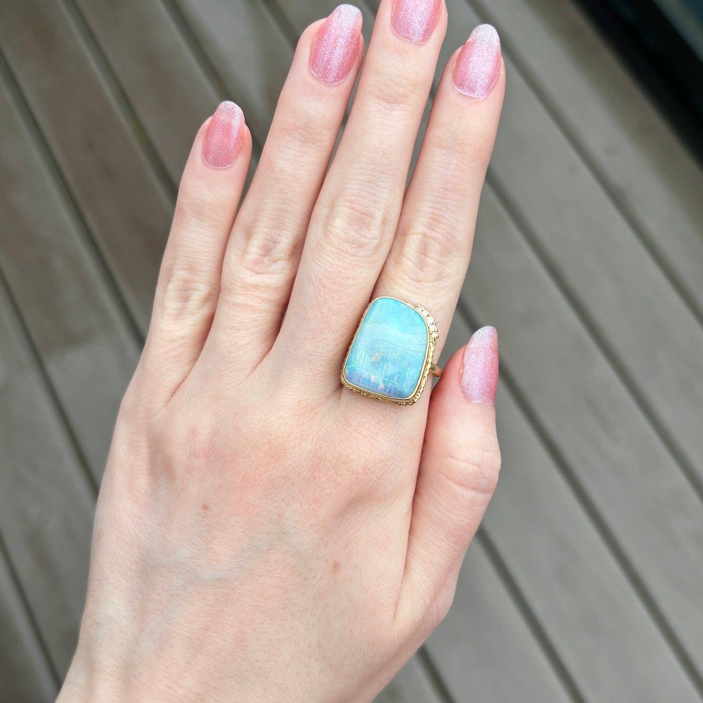 14K Gold Boulder Opal & Diamond Ring