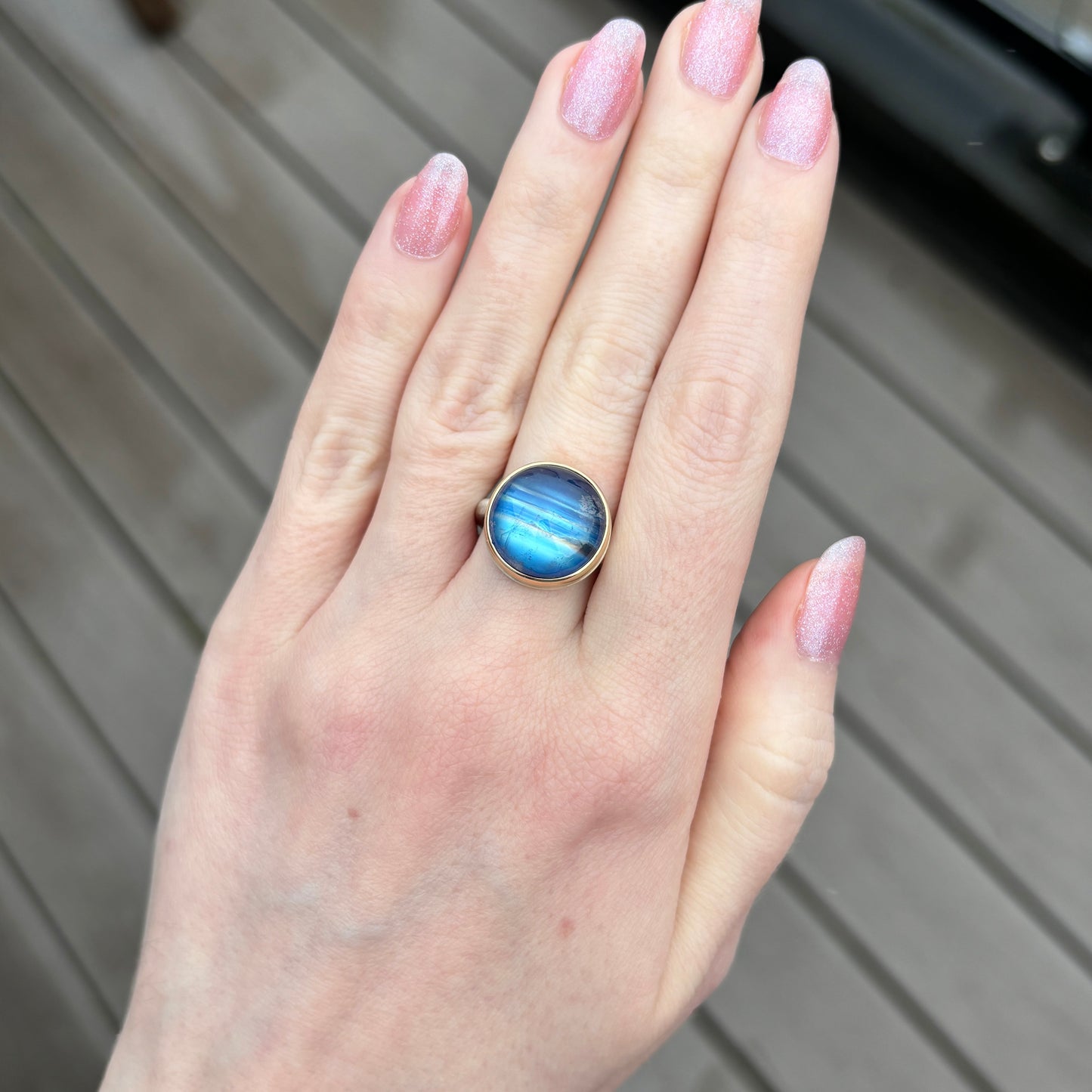 Sterling & 14K Gold Round Blue Rainbow Moonstone Ring