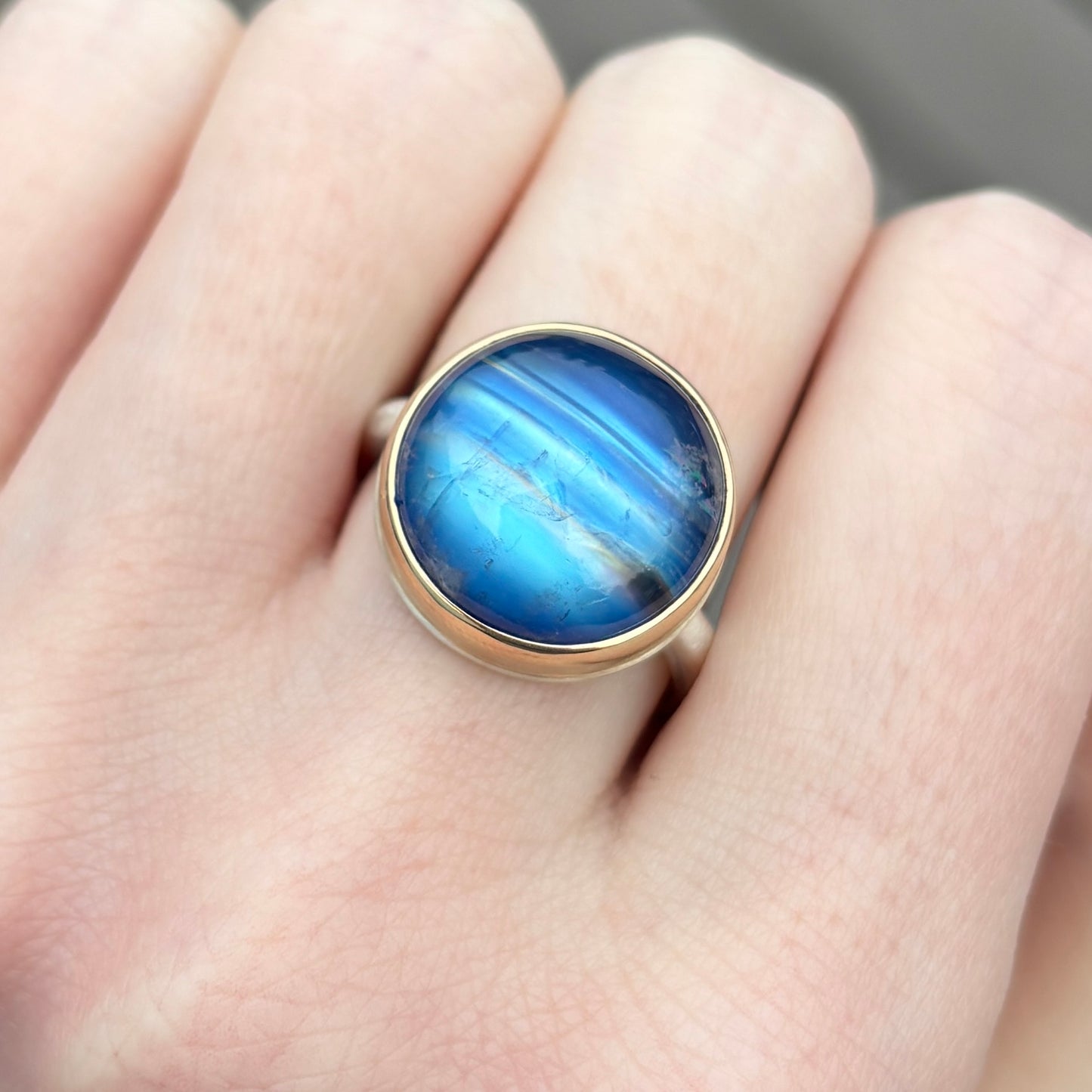 Sterling & 14K Gold Round Blue Rainbow Moonstone Ring