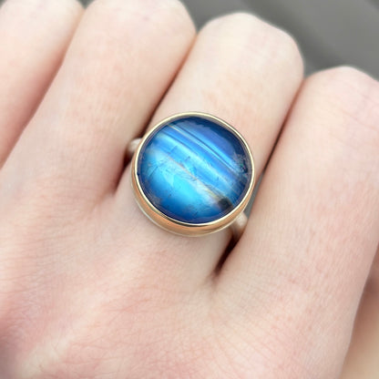 Sterling & 14K Gold Round Blue Rainbow Moonstone Ring