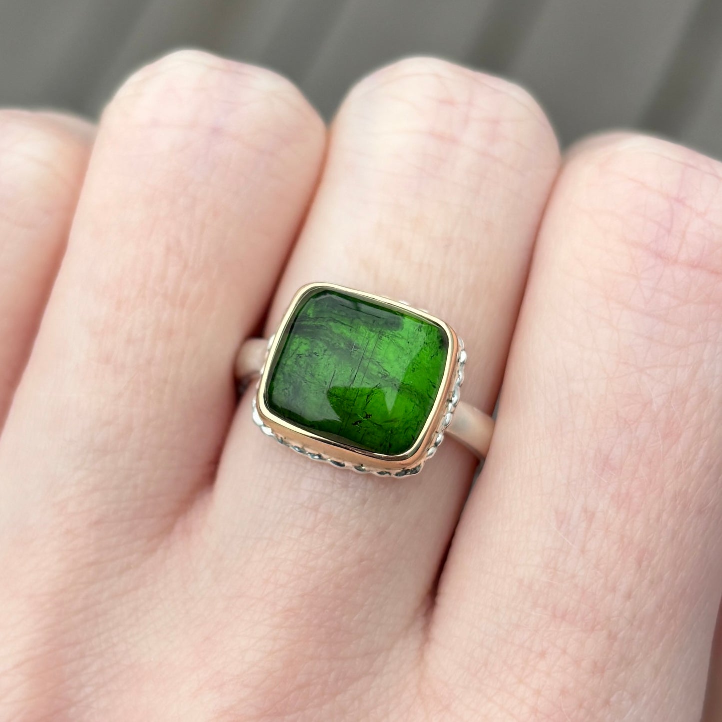 Sterling Lava Edge & 14K Gold Square Green Tourmaline Ring