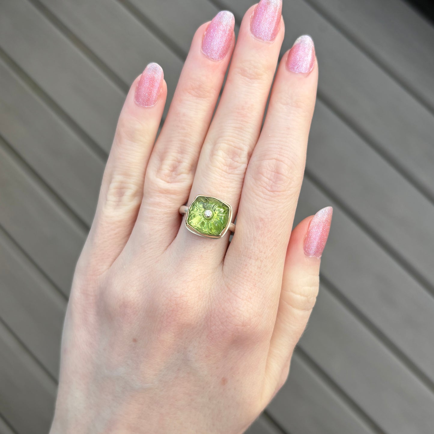 Sterling & 14K Gold Carved Peridot & Diamond Ring