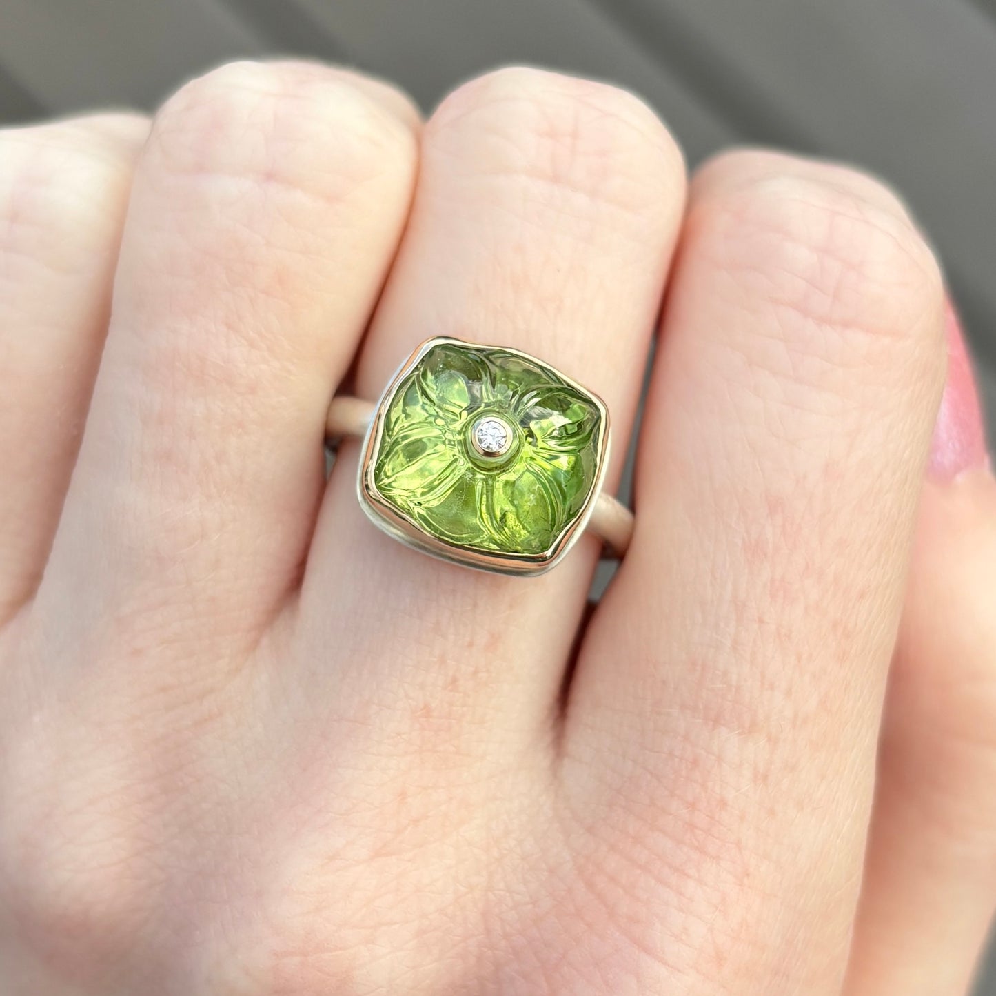 Sterling & 14K Gold Carved Peridot & Diamond Ring