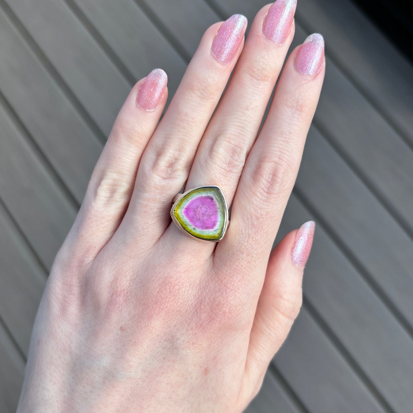 Sterling & 14K Gold Watermelon Tourmaline Slice Ring