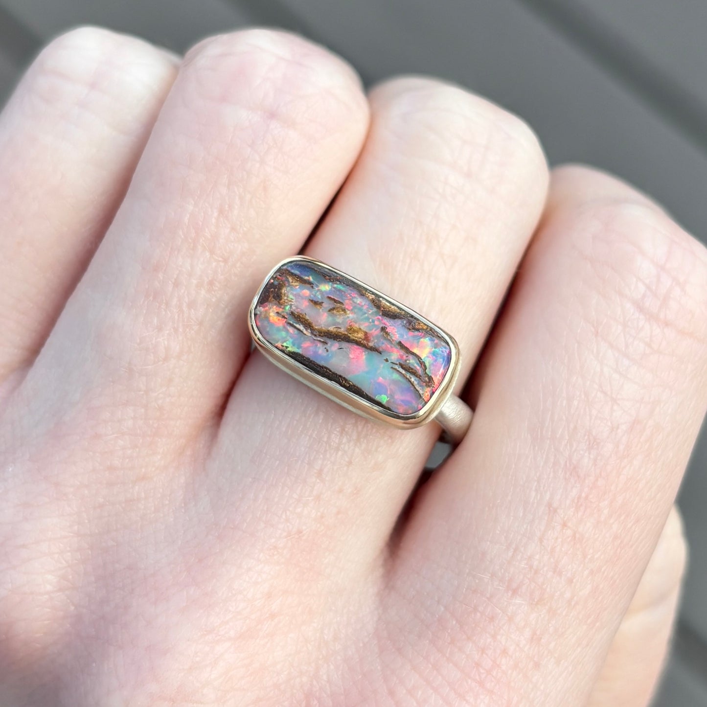 Sterling & 14K Gold Opalized Wood Ring