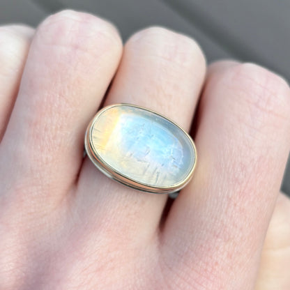 Sterling & 14K Gold Oval Smooth White Rainbow Moonstone Ring